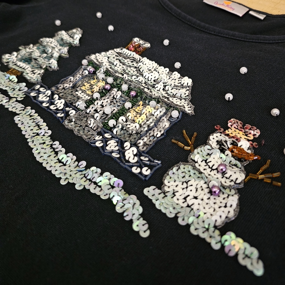 Quacker Factory Vintage Sequins Beaded Holiday Festive Winter 100% Cotton Shirt - Picture 2 of 9